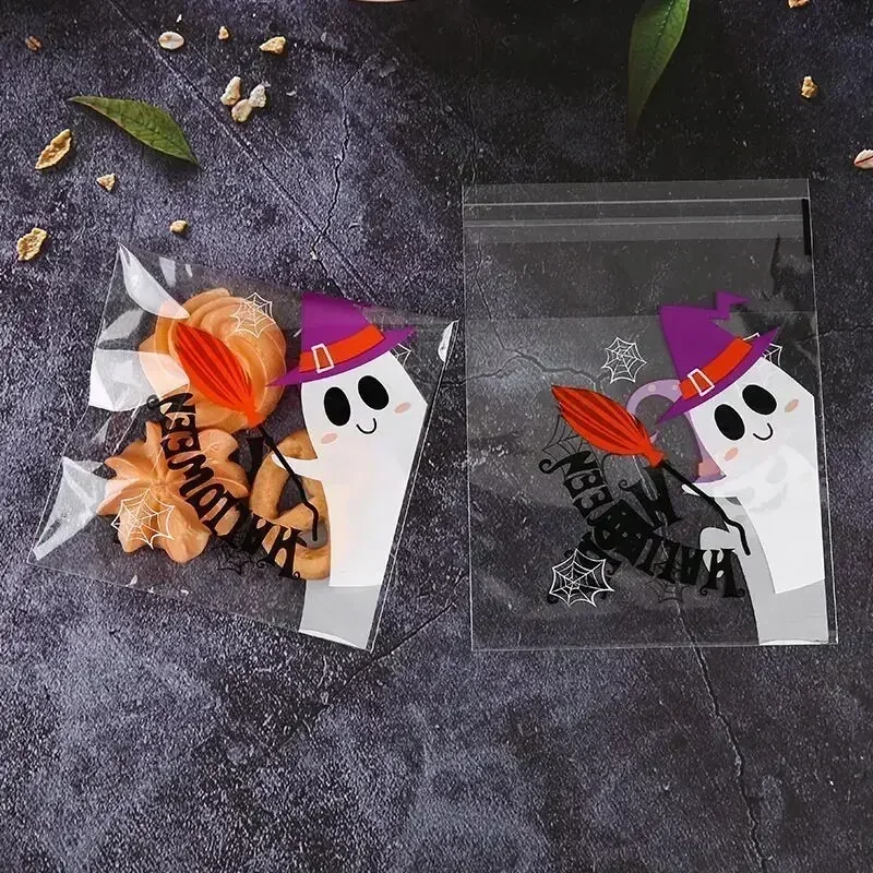 50/100 Pcs 10x10cm Halloween Plastic Candy Cookies Gift Bag Self Adhesive Snack Wrap Bag Halloween Party Decorations Kids Gifts