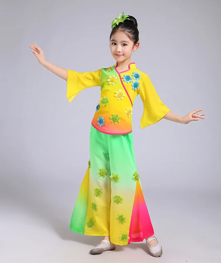 Trajes de dança Yangko para crianças, Fan Dance clássico para meninas, Traje de dança nacional amarelo, Novo