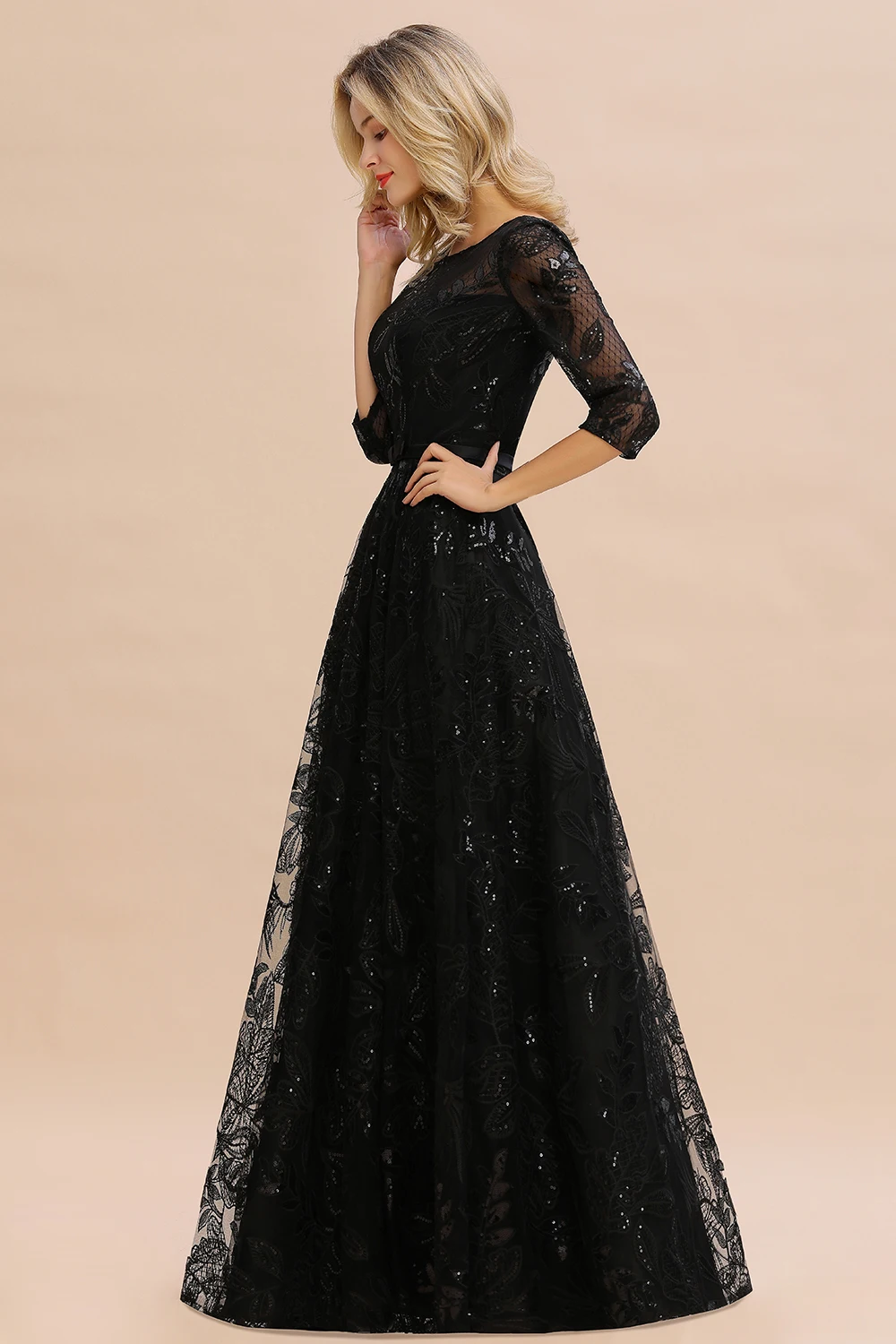 BABYONLINE Black Prom Dress Sequins Floral Appliqulies Embellished O-Neck Illusion Sleeve with Blet Gown Formal Evening Party