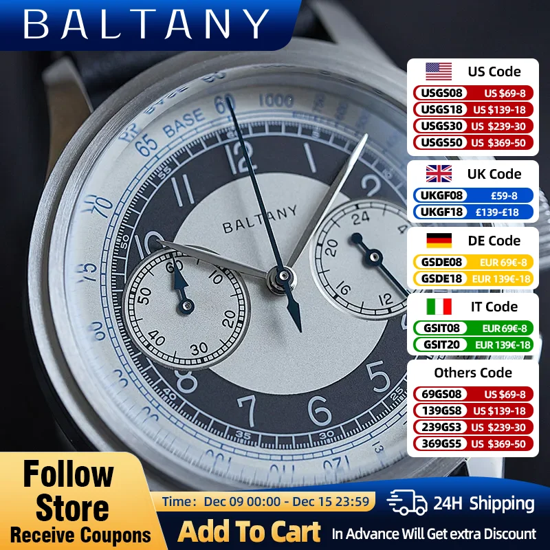 Baltany Tuxedo Chronograpl Vintage Watch VK64 39mm Dial Stainless Steel Leather Strap Tribute Retro Dress Quartz Men Watch