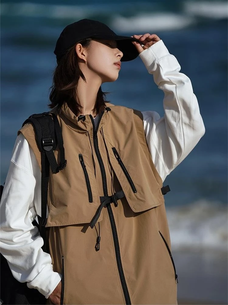 

Casual Zipper Collar Vest ex Outdoor Spring y Sle Motorcycle Workwear Jaet Youth Trend Loose Fit Flat Iron Trea...