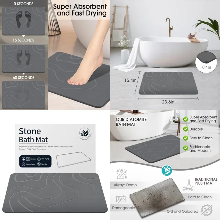 

Stone Bath Mat Diatomaceous Earth Shower Mat Non-Slip Super Absorbent Diatomite Stone Mats for Bathroom Floor Quick-Drying Easy