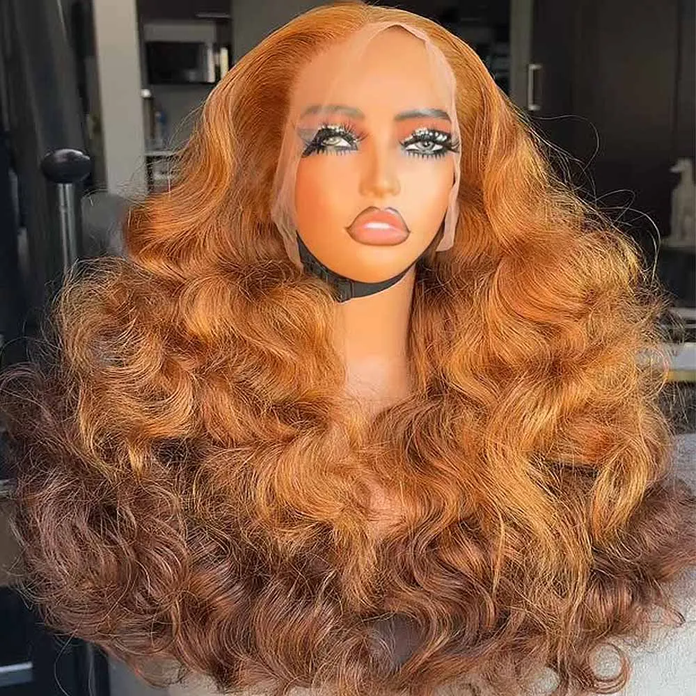 Ginger Color Ombre Brown 400Density Bouncy Curly 13X4 HD Lace Frontal Human Hair Wig For Women Preplucked 16-36 Inch Wig No Glue