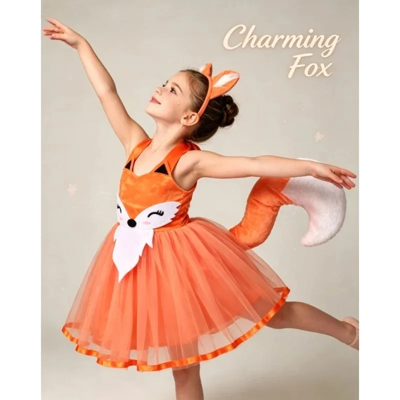 Fox Animal Dress Set Kid Halloween Costume Children Stage Performance Outfit Child Animal Role Play Party Dress Holiday Clothing