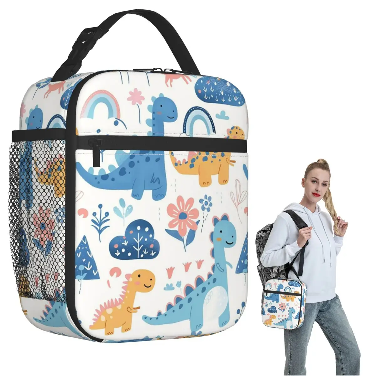 Cartoon Light Color Dinosaur Pattern Insulated Lunch Bag for Women Kids Portable Food Boxes Thermal Lunch Box Tote