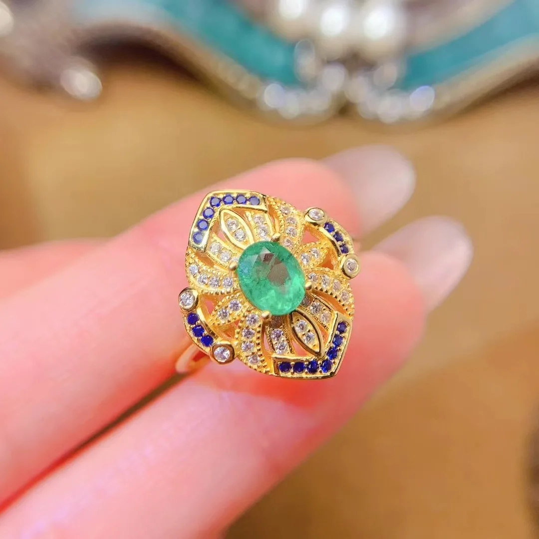 

KJJEAXCMY High End Women's Ring Natural Emeralds S925 Silver with Electroplating Boasting High Clarity Full Brilliance Gift