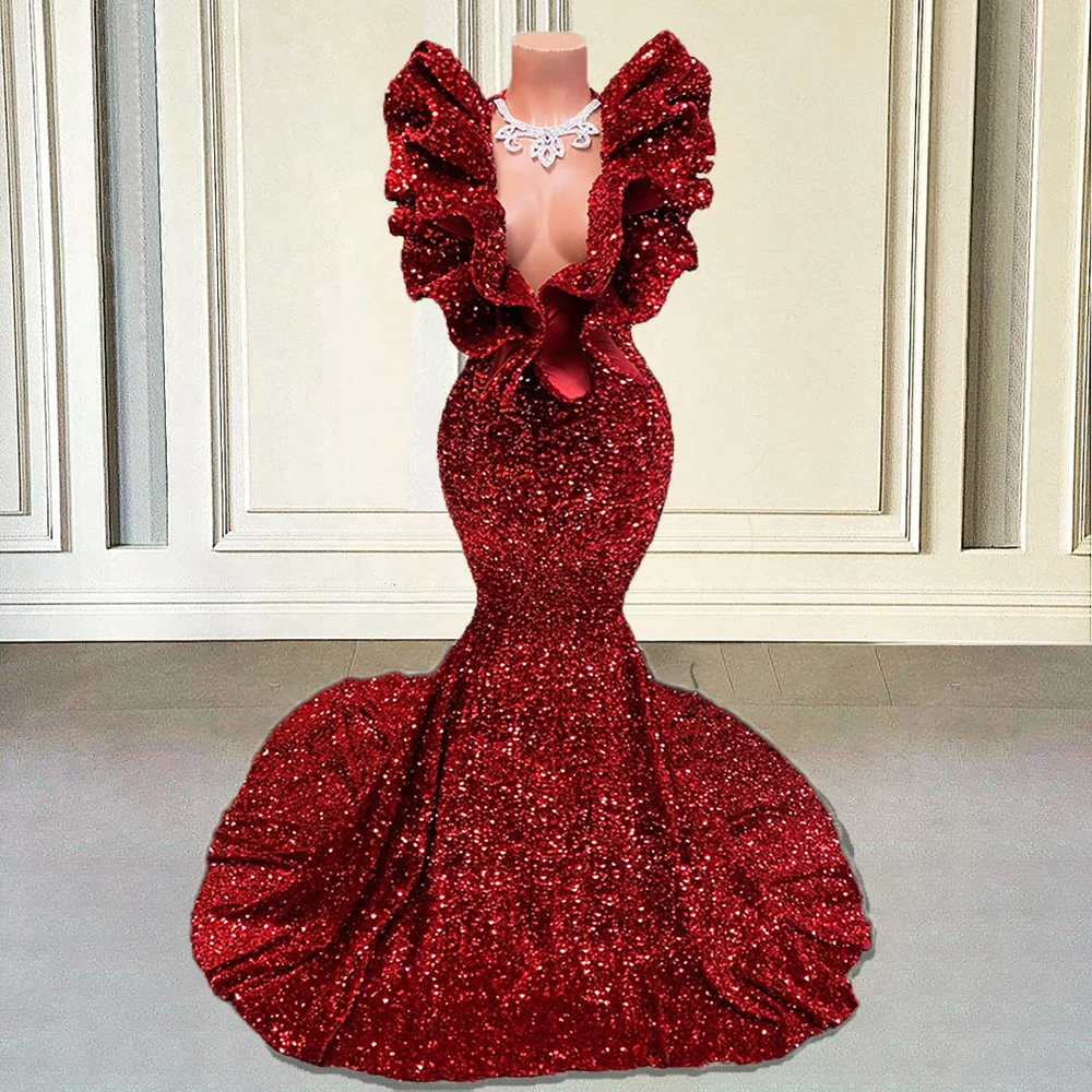 Świecący cekin długie sukienki balowe 2022 dla czarnej dziewczyny syrenka V-Neck Ruffles bez rękawów Burgundy formalna Gala wieczorowa suknia balowa