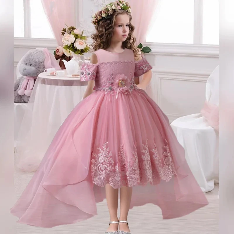 New Off Shoulder Flower Embroidery Wedding Birthday Tail Princess Dress  4-12 Year Old Shoulder Fluffy Dress