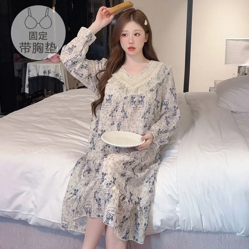 

Осень 2024, большие размеры, хлопковые ночные рубашки принцессы с длинными рукавами для женщин, корейская милая кружевная одежда для сна, ночное платье, ночная рубашка, ночная рубашка