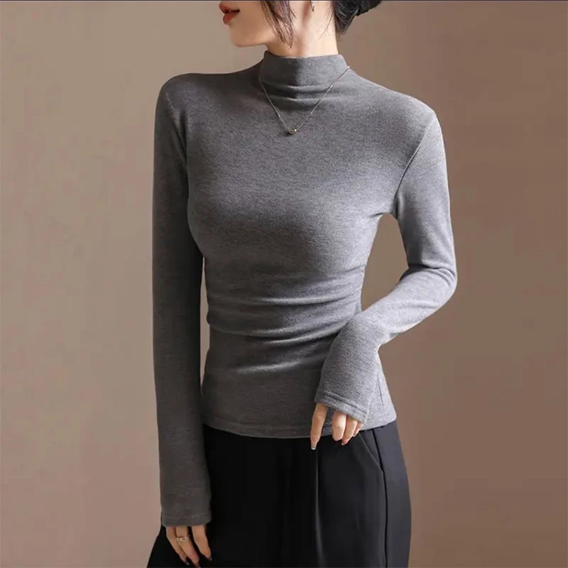 

Корейская повседневная тонкая футболка с полуводолазкой и длинными рукавами, осенний однотонный универсальный топ для женщин