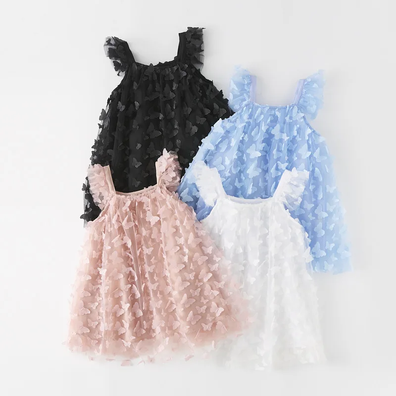 

New Summer Baby Girl Dress Fashion Solid Colour 3D Embroidered Butterfly Fly Sleeve Halter Puffy Dresses Party Cute Baby Clothes