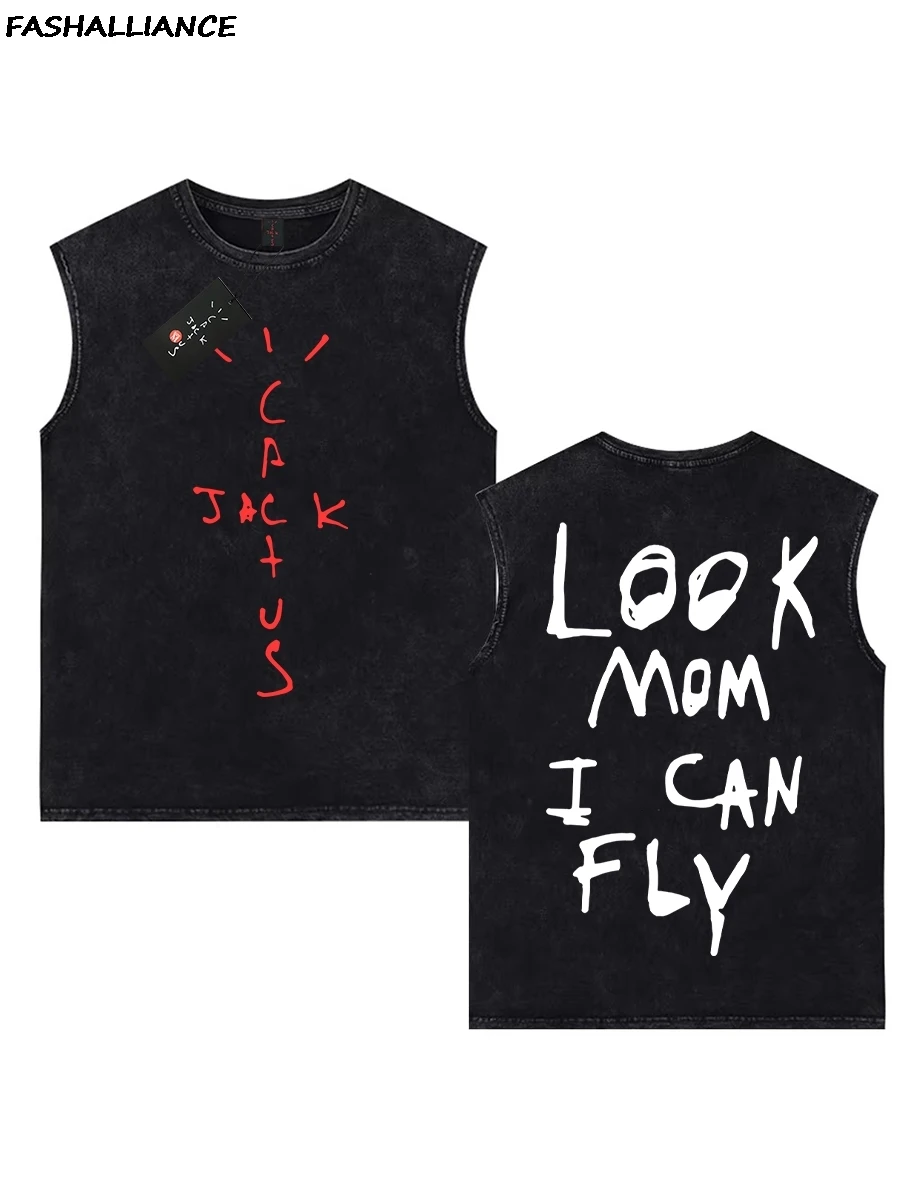 100% Cotton Oversized Tank Tops Washed Hip Hop Gothic Vintage Men cactus jack Sleeveless T Shirt look mom i can fly Tees K24
