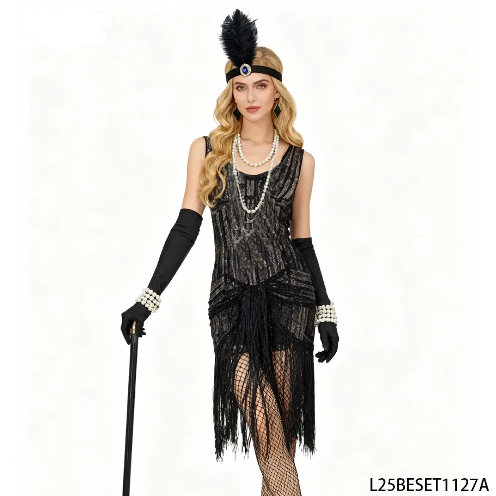 

PESENAR 1920s Vintage Black Feather Set Headband Pearl Jewelry Gloves Stockings Cigarette Holder Luxury Party Accessories