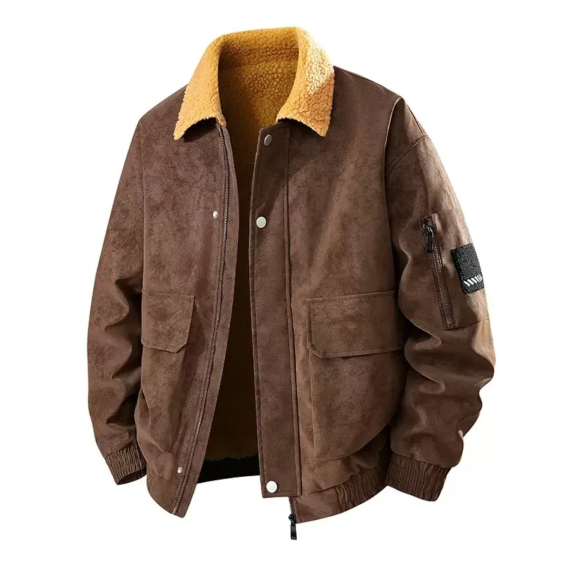 Men's Retro Thickened Warm PU Jacket Autumn Winter New Lamb Wool Fleece Lined Work Coat Men High-Grade PU Leather Workwear Coats