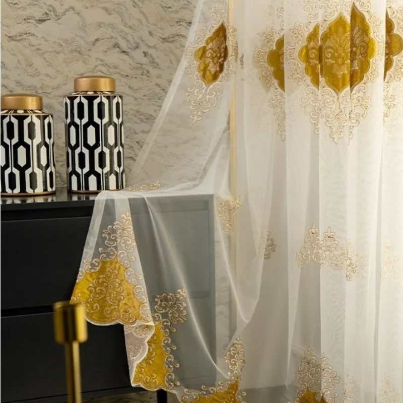 New Simple European Flower Gold Velvet Embroidered Gauze Curtains Living Room Bedroom Balcony Curtains