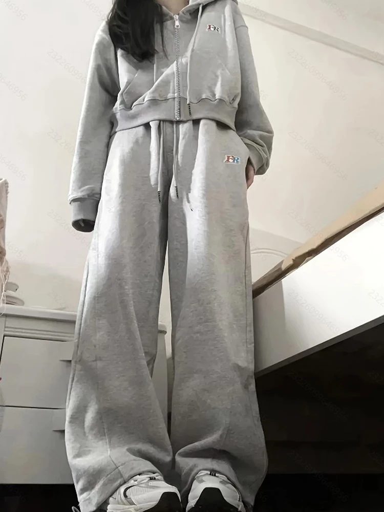 ชุดเสื้อสเวตเชิ้ตแขนยาวมีซิปสำหรับผู้หญิง ฤดูใบไม้ผลิและฤดูใบไม้ร่วง รุ่นใหม่ ทรงสลิม สไตล์เกาหลี หลวม ใส่ได้หลากหลาย ชุดสองชิ้น