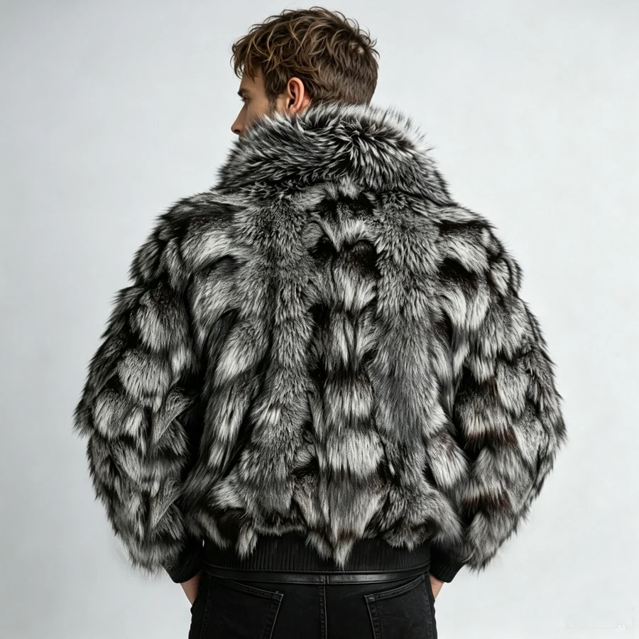 Real Silver Fox Fur Jacket With Lapel Men's Fur Zippered Bomber Jacket Cropped Fox Fur Jacket High Quality Natural Fur Jacket