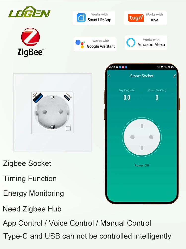 LOGEN Zigbee Wall Outlet EU Smart Socket Energy Monitoring Plug Timer Function Work With Tuya Alice Smart Life Alexa 220V