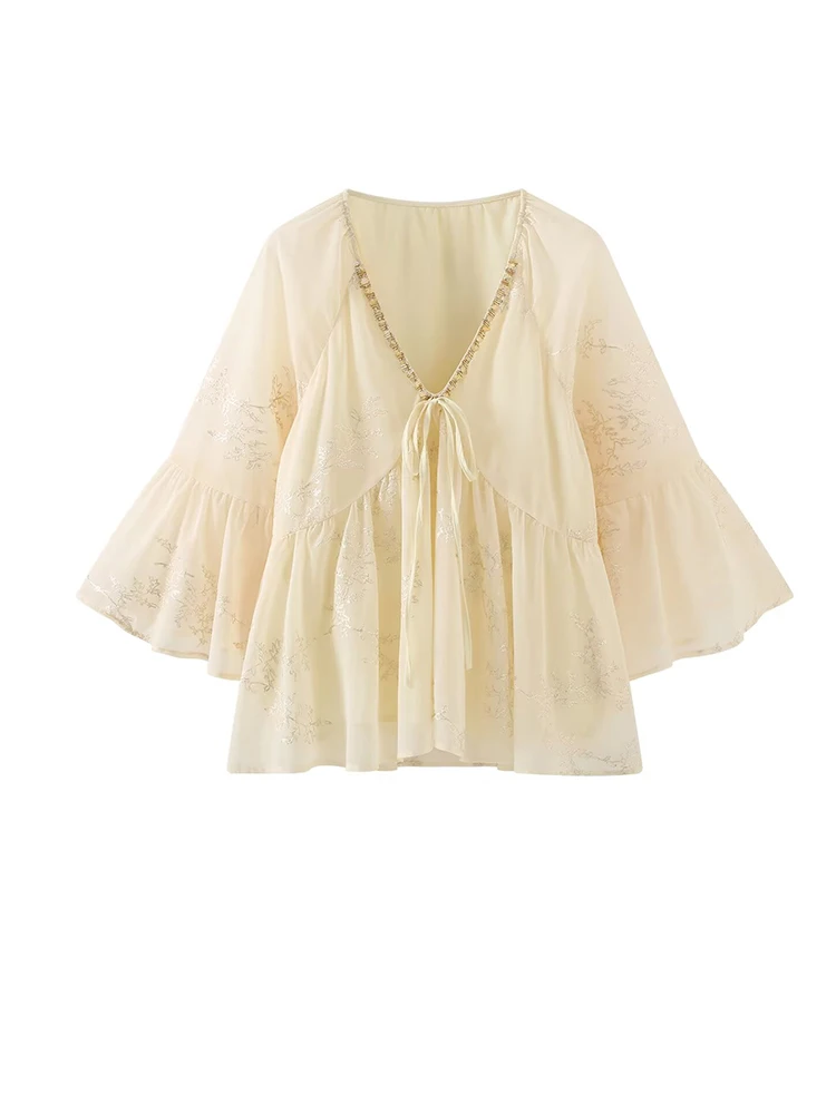 

Женская блузка с цветочной вышивкой и V-образным вырезом, летняя свободная шифоновая рубашка с завязками из бисера