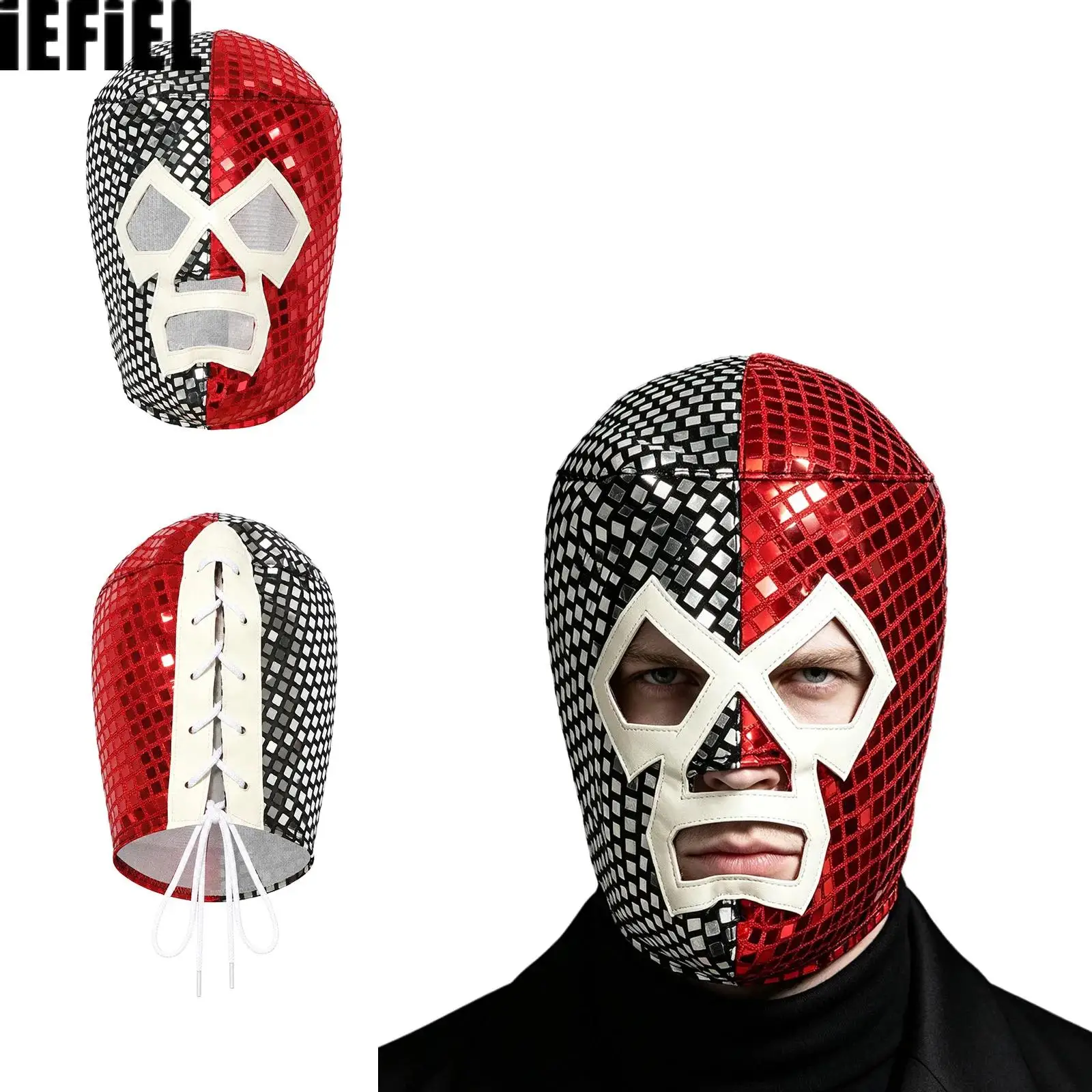 Men Shiny Sequin Headgear Lace-up Hood Costume Accessory for Halloween Role-playing Theme Party