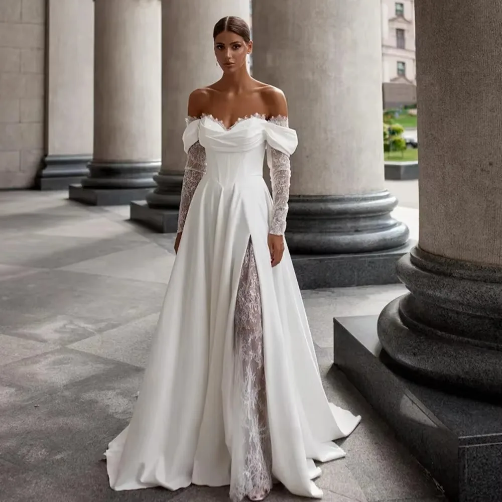 

Elegant Ivory Pleats Satin Wedding Dresses Elegant Off The Shoulder Customized Long Sleeves Evening Dresses Sweep Train Corset