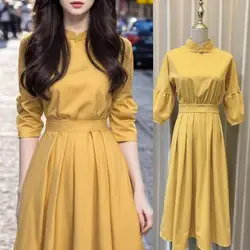 New Chinese Style Elegant Summer Yellow Half Puff Sleeve Dress Vintage Women Stand Collar Pleated Ladies Office Midi Vestidos