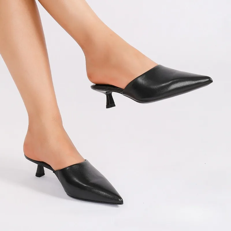 موضة موجزة النساء الكعوب النعال أشار تو الصنادل الأنيقة السيدات ضوء الشرائح غير رسمية الصيف الأسود البغال أحذية Pantuflas #5