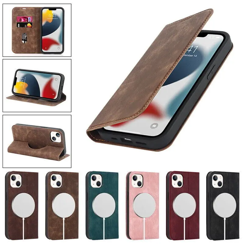 Magnetic Wireless Charging Wallet Leather Flip Phone Case For iPhone 13 Stand Shell Card Slot Book Folio RFID Blocking Cover