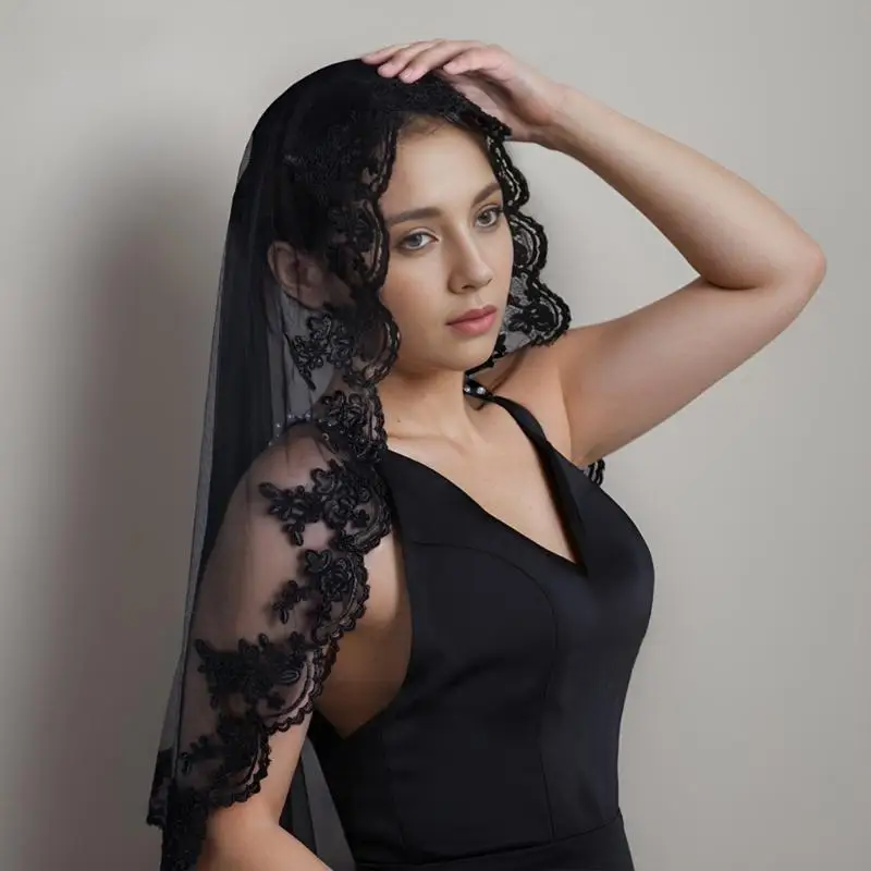 39BD Hochzeit Schleier Kopftuch Spitze Schwarz Schleier Braut Haar Zubehör Schwarz Mantilla – Detail 8