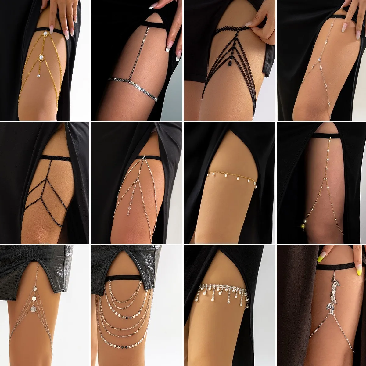 Sexy Leg Chain Multi-Layer Rhinestone Tassel Thigh Chain Spicy Girl Beach Accessories Versatile Body Chain Festival Outfit Women