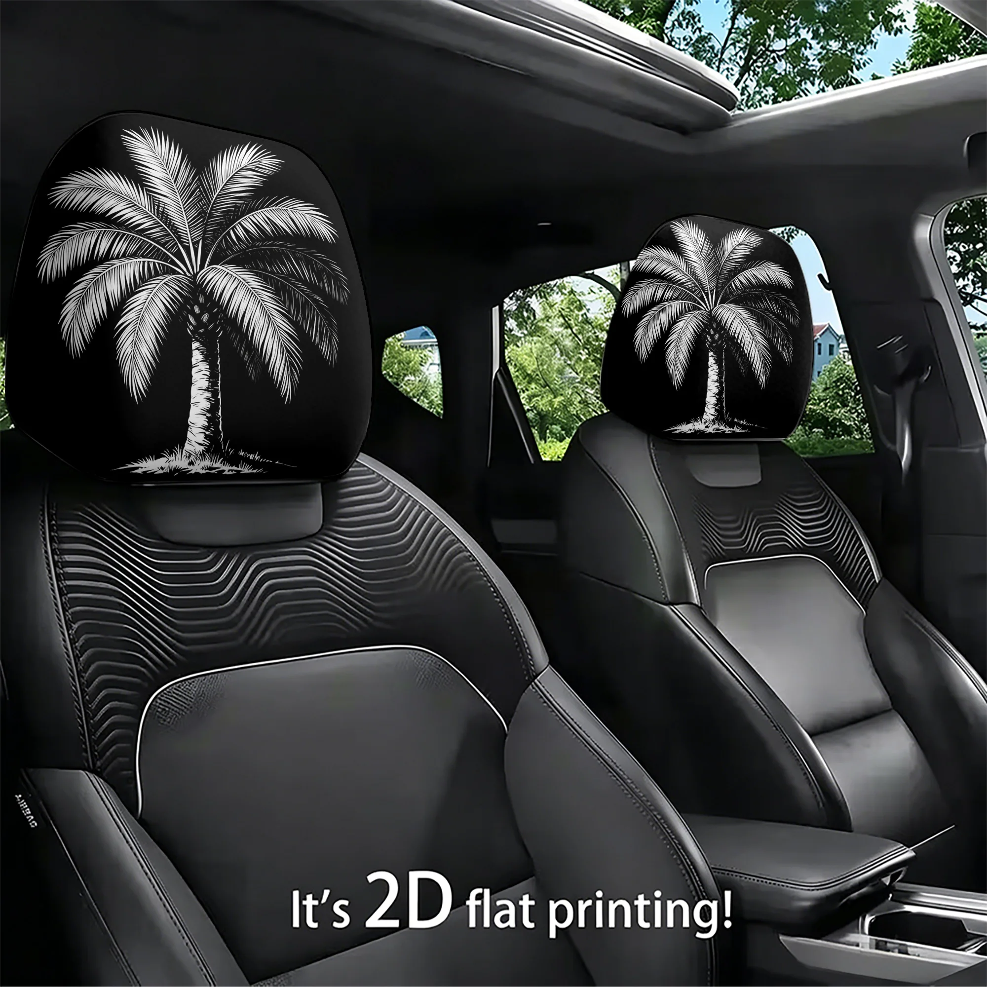 2pcs car headrest covers with a palm tree design, bringing a tropical vibe to your car’s interior. Does not include filling. Eas
