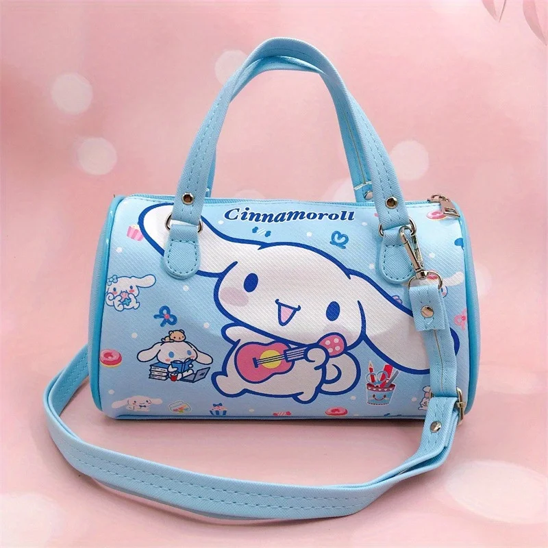 Kawaii Cartoon Graphic Barrel Bag - Waterproof PU Leather Round Crossbody Tote with Portable Design Ideal for Girls\' Travel