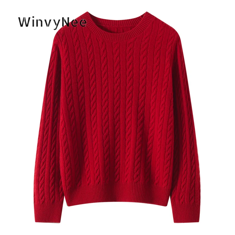 WinvyNee Women Textured Cable Jumper 100% Wool Crew Neck Long Sleeve Pullover Knit Top Autumn Cozy Thick Layer Garment A1523095A