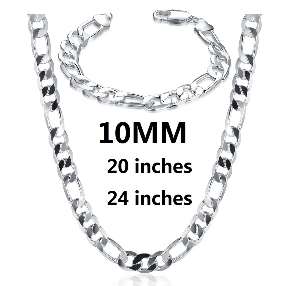 New Fine 925 Sterling silver classic 10MM geometry Chain bracelets neckalces fashion noble jewelry set for man women gifts