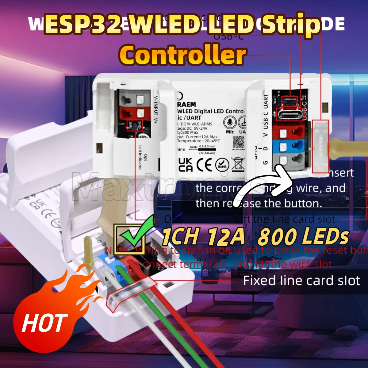 

Адресный контроллер светодиодных лент ESP32 WLED Max Music Sync 100+ приводов FX 1CH 12A 800 светодиодов UART WS2811/12/13