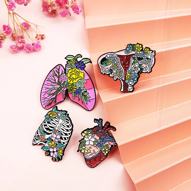 Pin Brain Lung Heart Chest Uterus Flower Wave Mechanical Heart Metal Badge Lapel Brooch Jewelry Creative Medical Organs Enamel