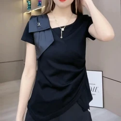 2024 Summer Fashion Simplicity Commute Women's V-neck Solid Color Spliced Bow Asymmetric Ruched Loose Short Sleeve T-shirts Tops