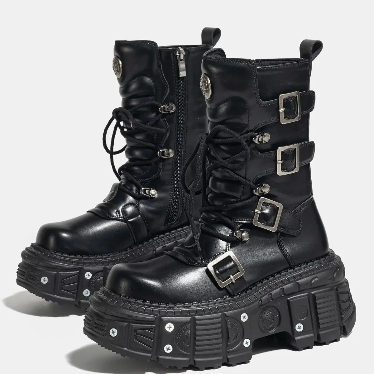 Women's 2024 New Niche Internet Celebrity Muffin Platform Locomotive Punk Goth Lace-up Medium Boots