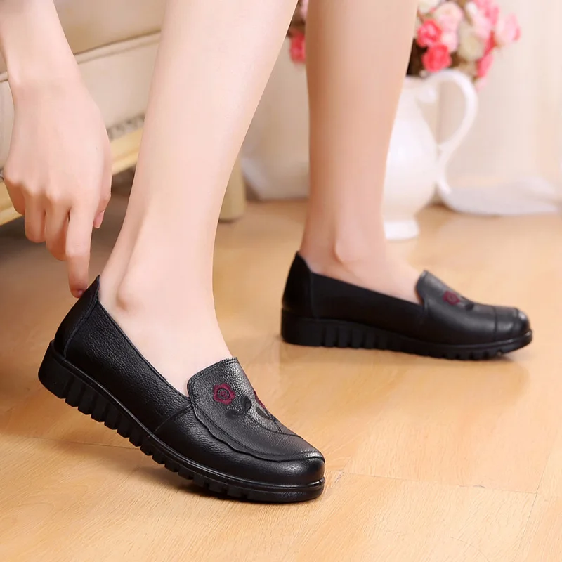 

Black Genuine Leather Loafers For Women With Braided Strap Detail And Round Toe Non Slip Thick Sole Comfortable Casual Office