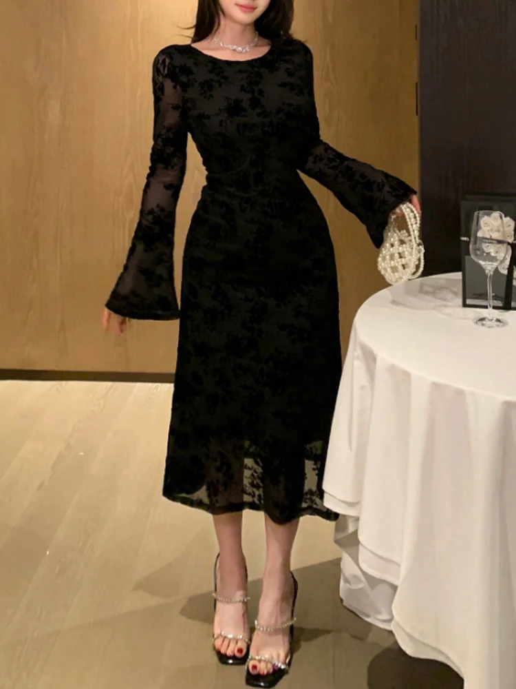 البوب جديد طاقم الرقبة الأسود الأزهار الدانتيل أنيقة ميدي فستان مثير شبكة طويلة مضيئة كم فساتين الزفاف ضيف المرأة الفاخرة حفلة الدكتور #3