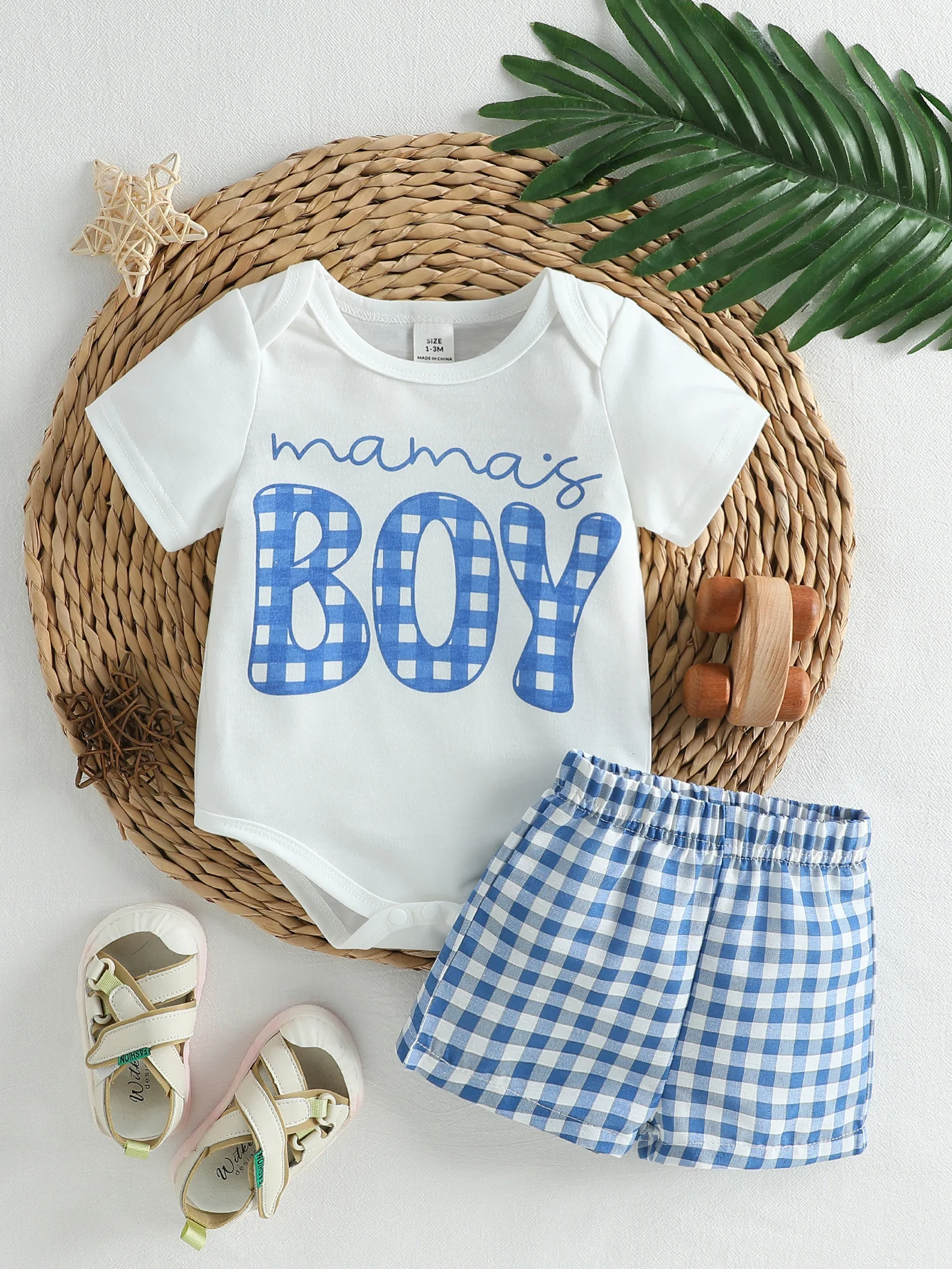 Summer Newborn Baby Boy Letter Bodysuit Plaid Shorts Casual 2Pcs Outfit Multiple Colors Available