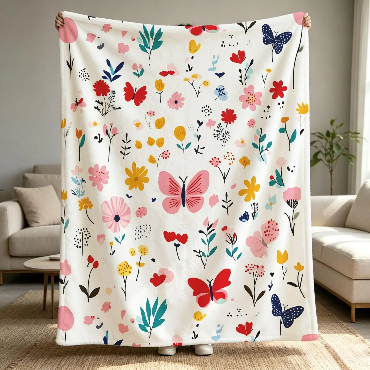 [Flannel Blanket] Colorful Butterfly and Floral Pattern Blanket, Soft and Comfortable Bedspread, Suitable for Nature Lovers, Home Decor Gift