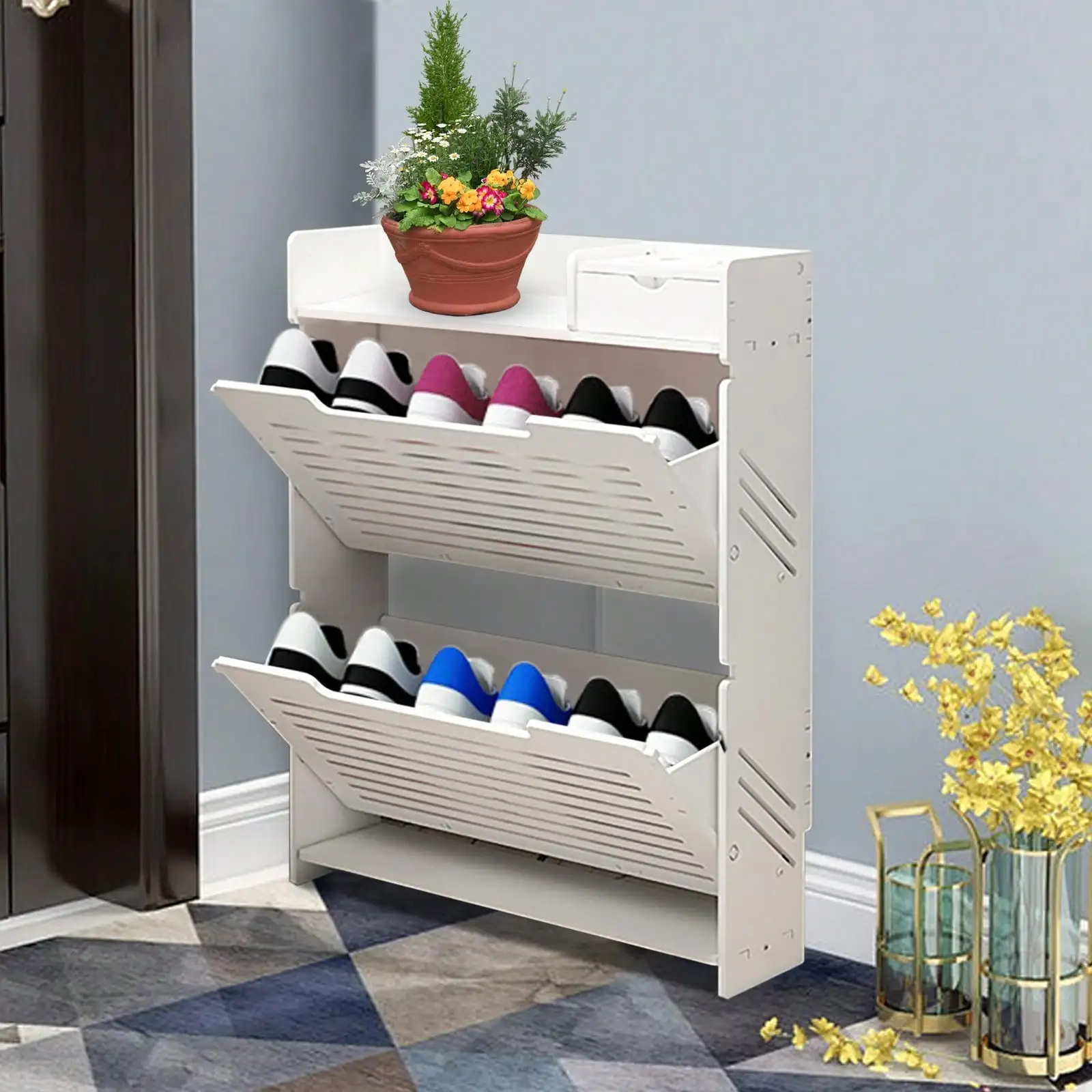 

Shoe Storage Cabinet 2-Layer Shoe Rack White Shoe Storage Organizer 25.98x6.69x31.88in For Home Apartment Shoe Shelf