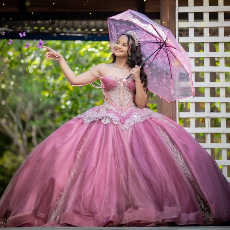 

Pink Quinceanera Dress crystal Glitter 3D Flower Decal off-shoulder Long tail Vestidos De 15 Quinceanera ﻿Customize