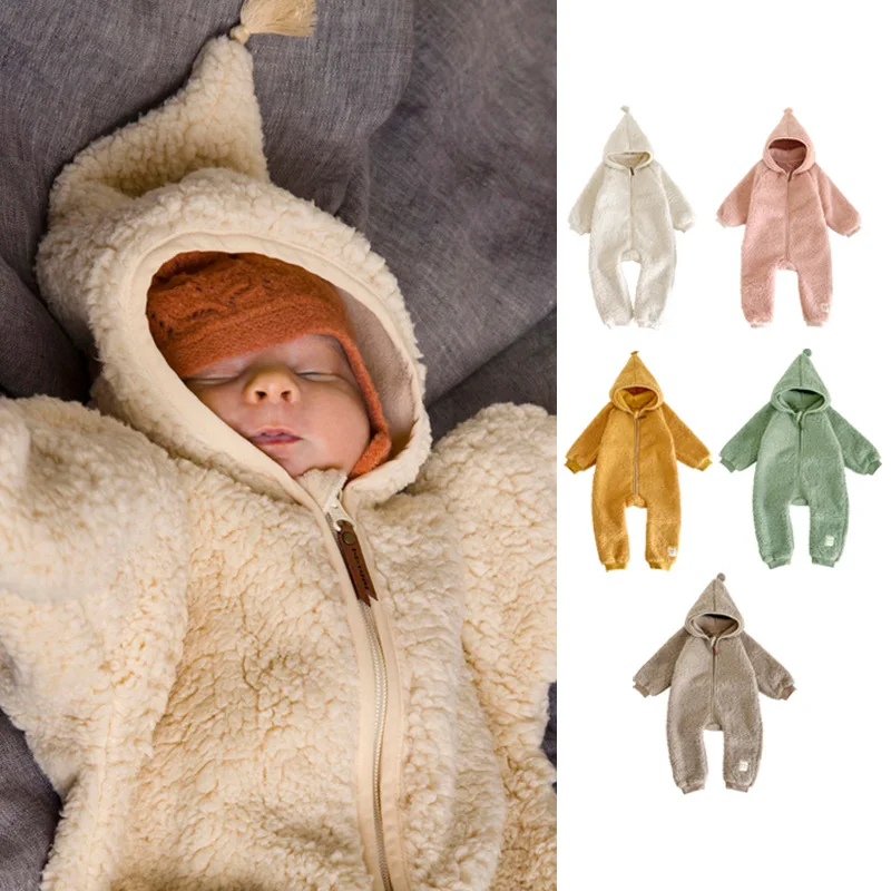 2024 Newborn Autumn Winter Jumpsuit Soft Warm Romper Girl Boy Baby Hooded Zipper Rompers Solid Color Toddler Clothing