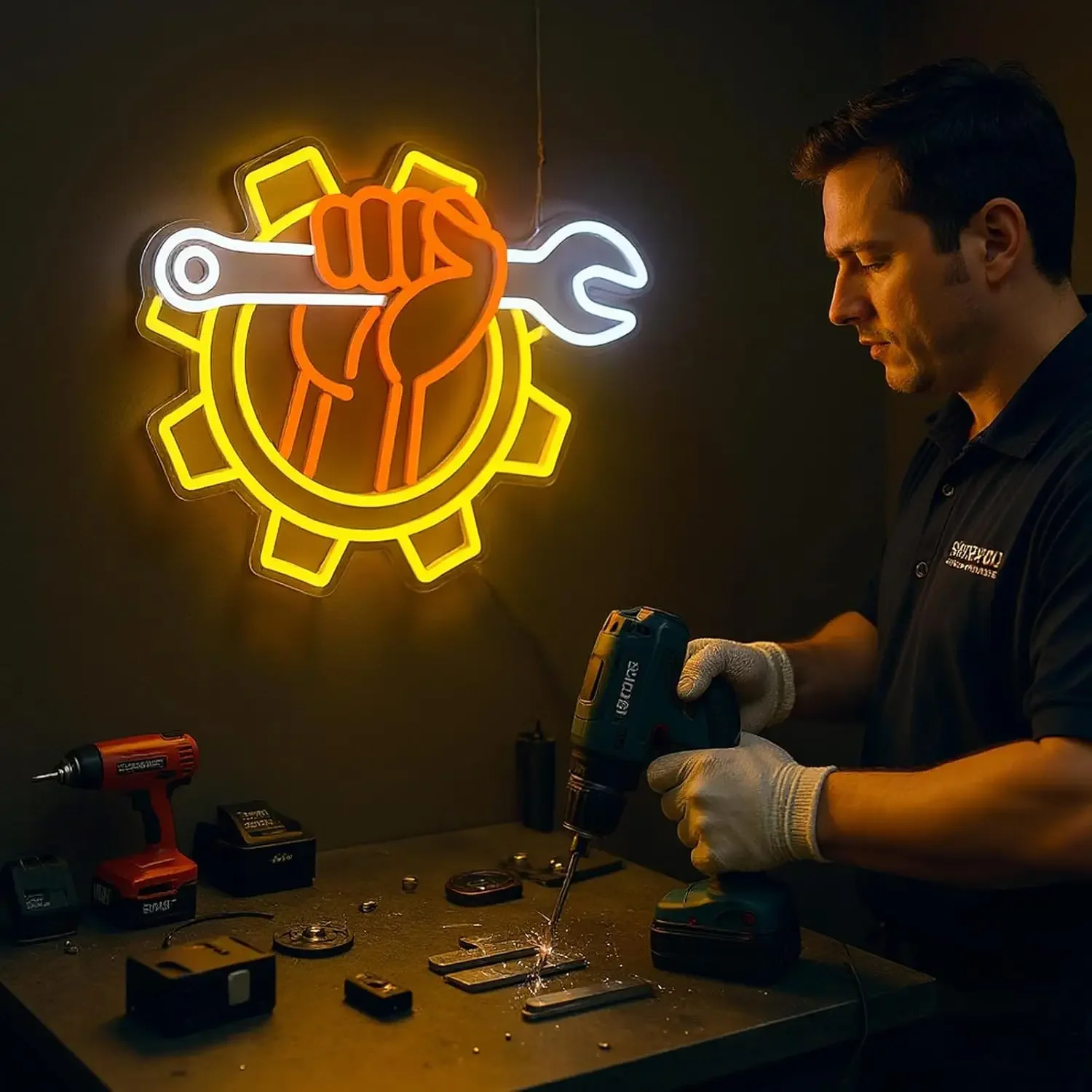 Mechanic Gear Neon Sign LED Wall Art Fist Wrench Glow USB Powered Dimmable Acrylic Lamp Garage Workshop Man Cave Decor