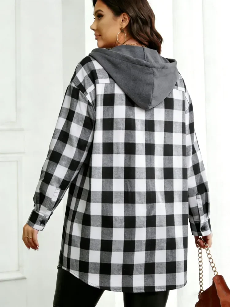 Plus Size Classic Women Long-Sleeved Hooded Sweatshirt oversize Loose Cardigan Autumn Winter Spring Casual lagresize Plaid Coat