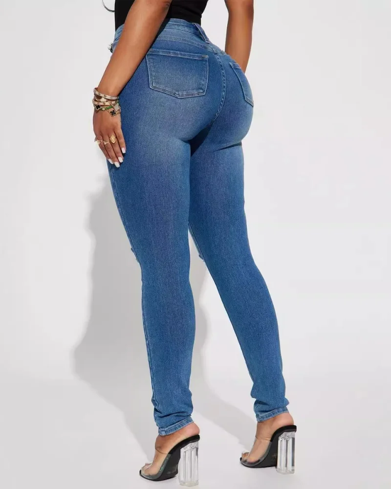 Women Ripped Holes Jeans Washing Denim Pockets Sexy Sheath High Waist Slim Fit Zipper Fly Ankle Length Basics Pencil Pants 2024