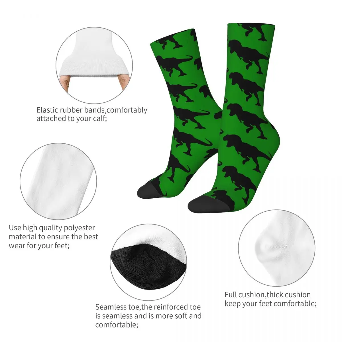 Funny Crazy Sock for Men Green T-Rex Hip Hop Harajuku Dinosaurs Seamless Pattern Printed Boys Crew Sock Novelty Gift image 5