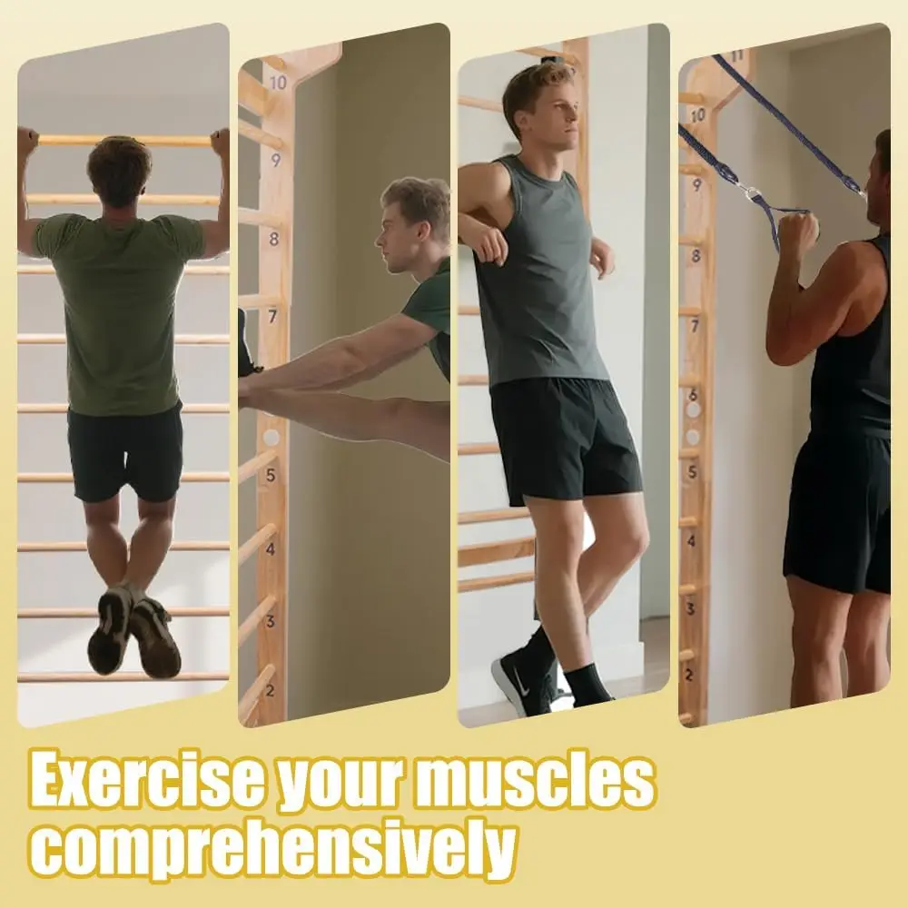سلم خشبي سويدي مع 11 قضبان استراتيجية، مع حامل يصل إلى 330 رطلاً، قضيب كشك، يشمل أشرطة التمرين + شريط مقاومة للسحب + Pu #6
